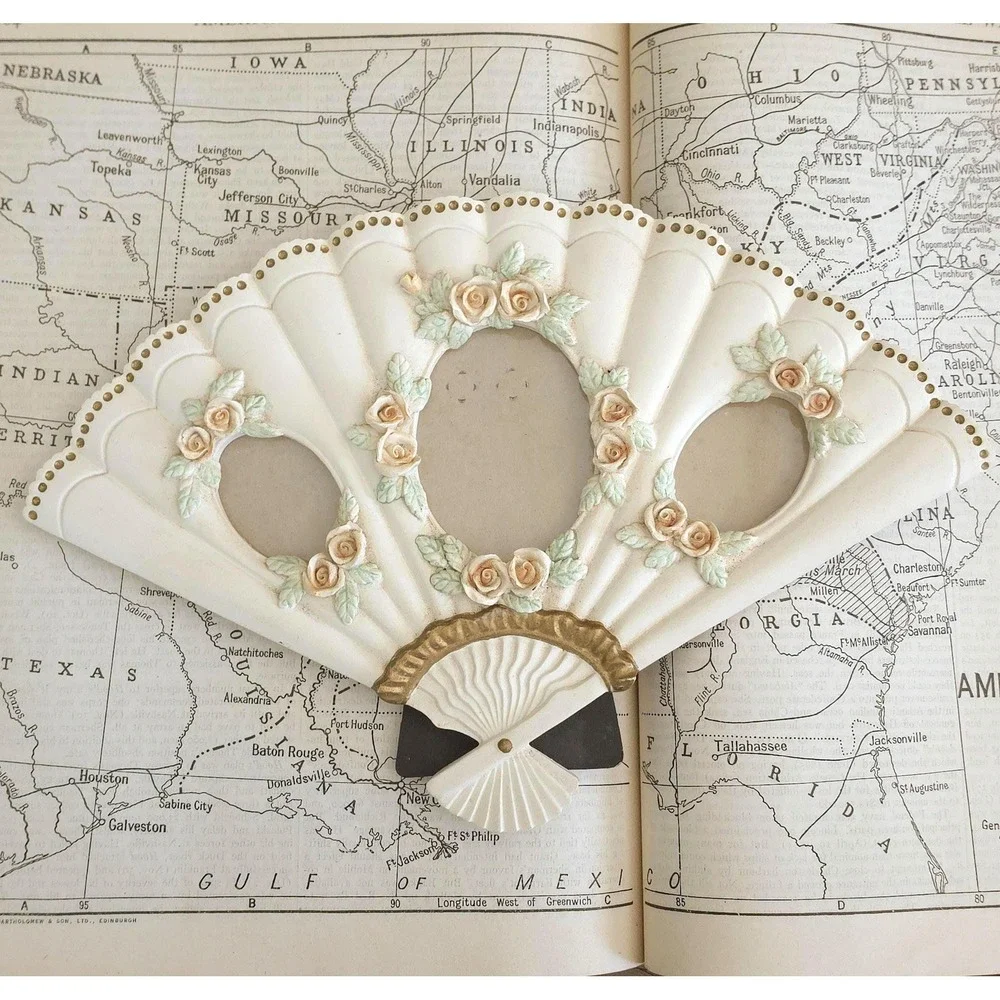Vintage Fan‎ Shaped Roses Picture Frame with Easel back